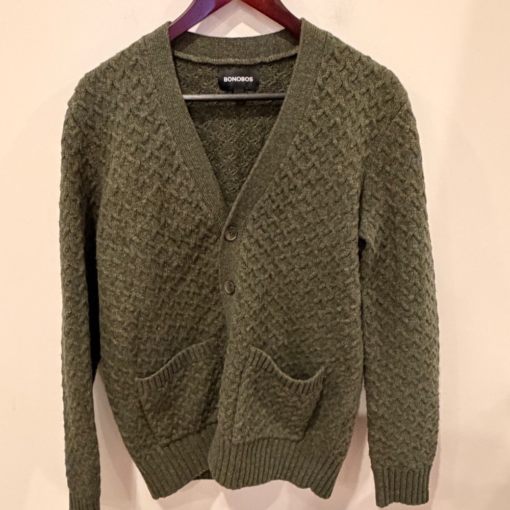 Bonobos Mens Olive Green Wool Blend Textured Cardigan Sweater Small BST00781N
